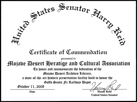 Certificate of Commendation from US Senate